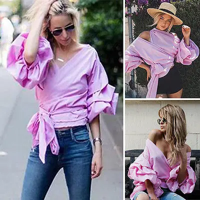 Блузка женская хлопковая с длинным рукавом и бантом|shirt top|blouse shirtoff shoulder shirt |