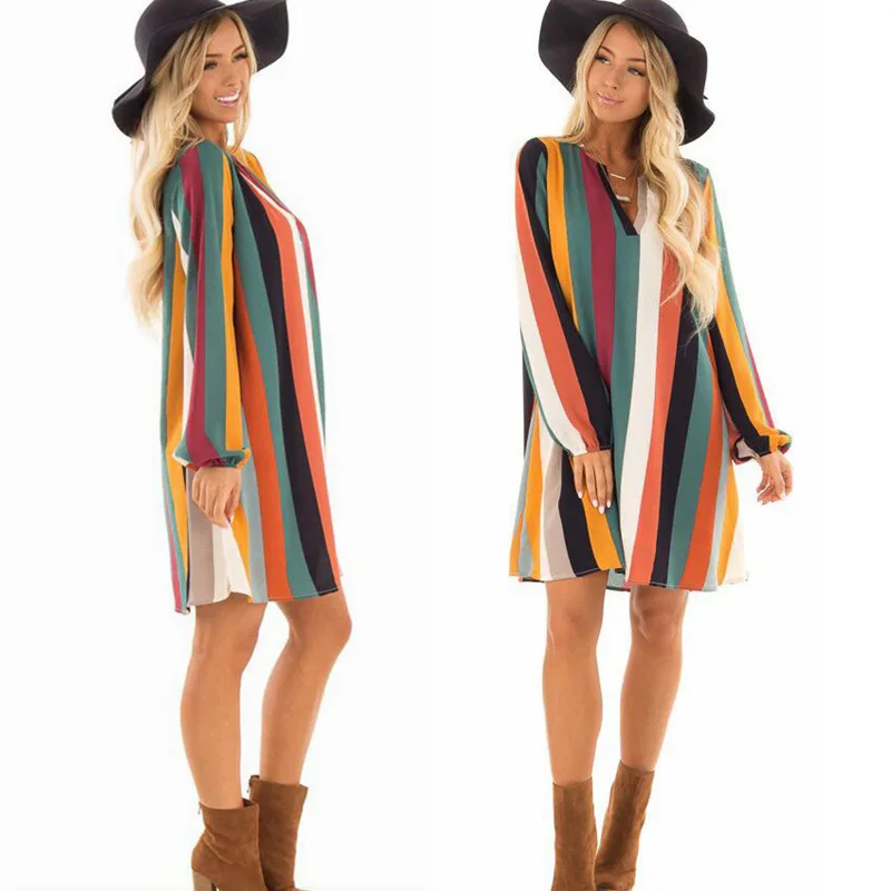 Лидер продаж женское платье-рубашка Осеннее Радужное платье с v-образным вырезом