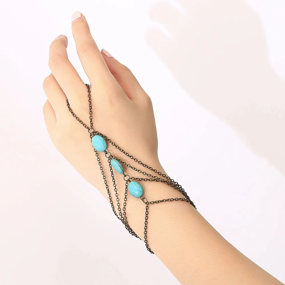 Vintage Turquoises Bracelet For Women Boho Multi Layer Link Chain Interweave Finger Bangle Summer Beach Fashion Jewelry | Украшения и