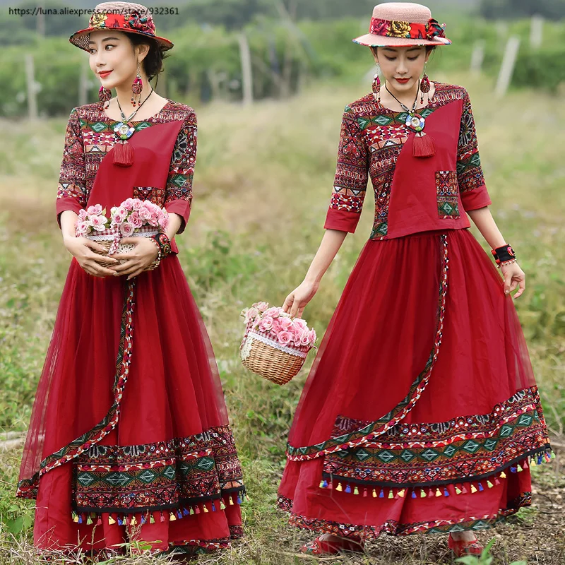 Винтажный комплект из 2 предметов с цветочной вышивкой женская красная длинная