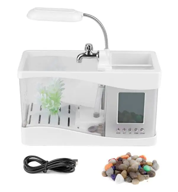 Белый Аквариум USB мини аквариумные рыбки с светодиодный светильник жк-дисплей экран и часы аквариум - Цвет: Белый