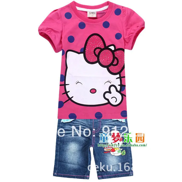 2014 new fashion hello kitty dot cotton fits cartoon T-shirt + jeans kids baby girls children sets 6set/lot | Мать и ребенок