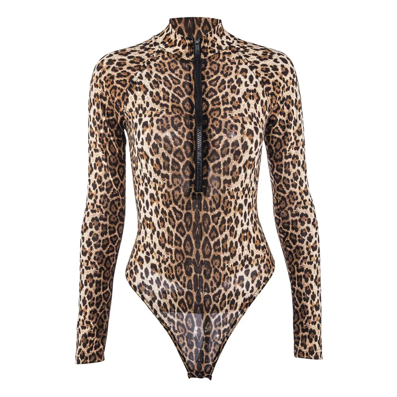 

Leopard Women Bodysuits Zipper Turtleneck Long Sleeve Slim Female Romper Night Club Jupsuits