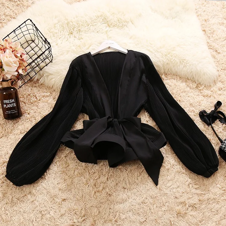 Women's spring summer lantern sleeve elastic slim waist chiffon Shirt tops lady's casual ruffles bow Tees TB1044 | Женская