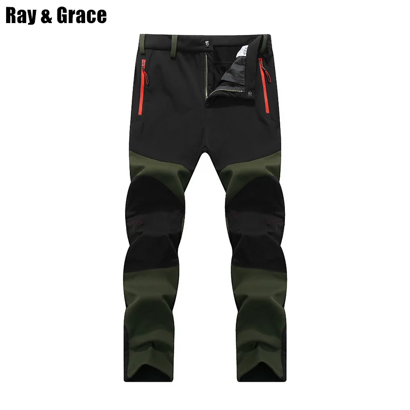 Green RAY GRACE, зимние толстые походные брюки для мужчин, уличные треккинговые горные альпинистские спортивные брюки, мягкая оболочка, термо флисовые брюки - Цвет: Green