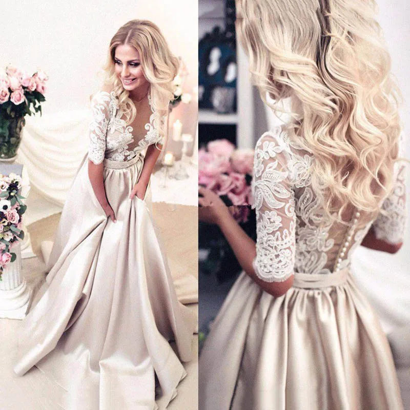 Атласное вечернее платье цвета шампанского с круглым вырезом|prom dresses|prom dresses