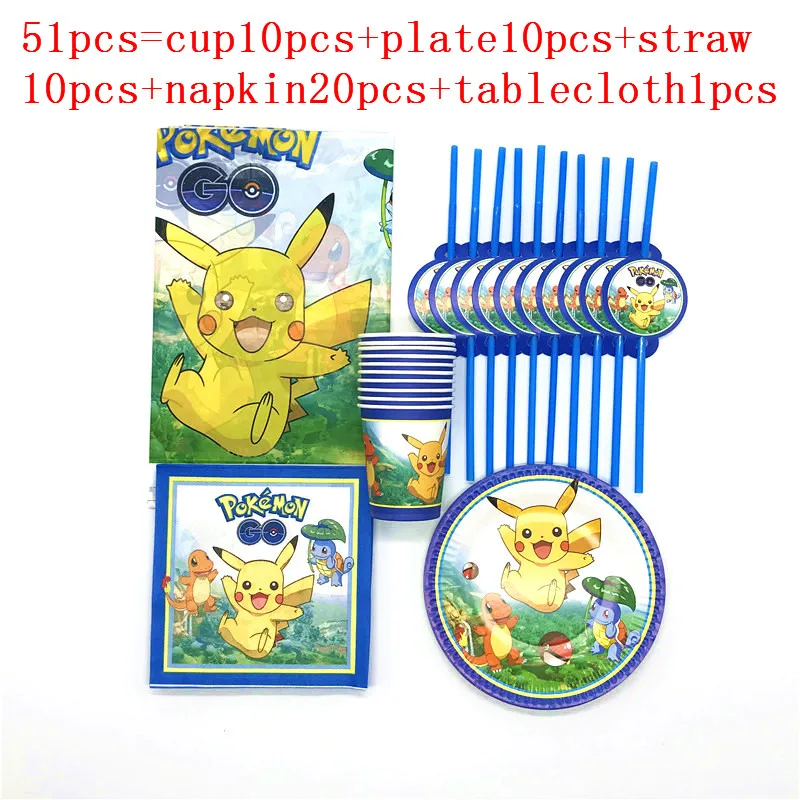 beipanxizhizhuo51pcs Мультфильм Покемон го тематическая вечеринка на день рождения набор Пикачу столовые приборы набор детей как одноразовые декоративные подкладки Вечерние - Цвет: beipanxizhizhuo51pcs