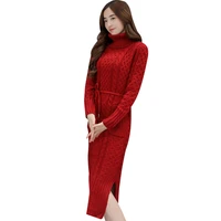 retro winter women knitted pockets long dresses korea side split long sleeve turtleneck casual slim warm maxi sweater dress