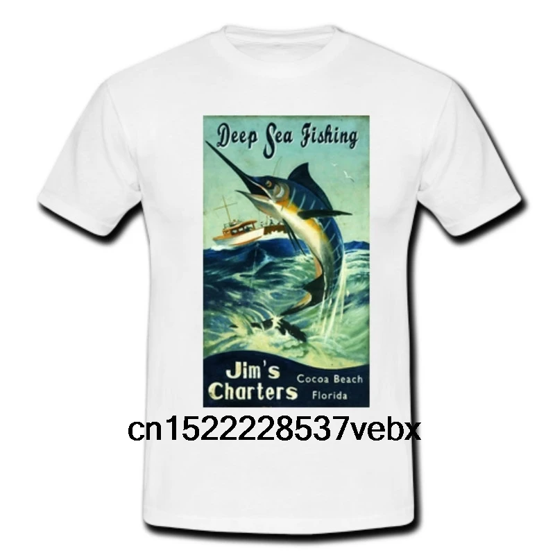Deep Sea Game Fishing White Mens Retro Vintage T-shirt Tee Marlin Fish Ocean Rod | Мужская одежда