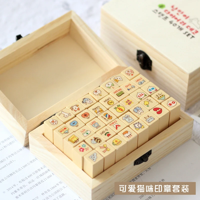 

40pcs/box Happy Life Diary Girl Cute Cartoon Mounted Rubber Stamp Wooden Box