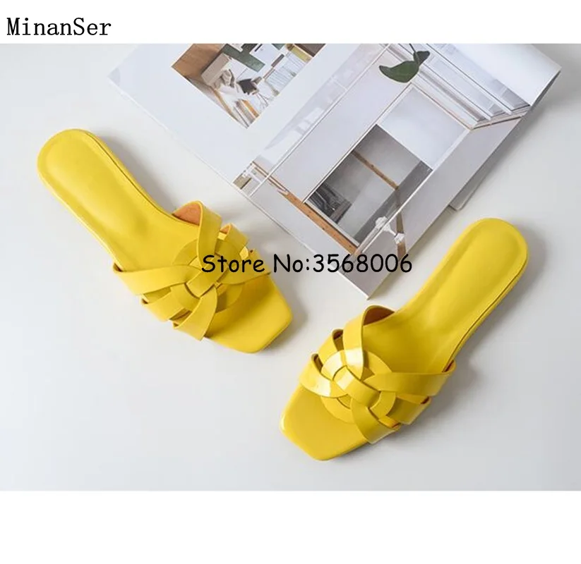 Шлепанцы женские из натуральной кожи блестящие туфли-лодочки плоская подошва