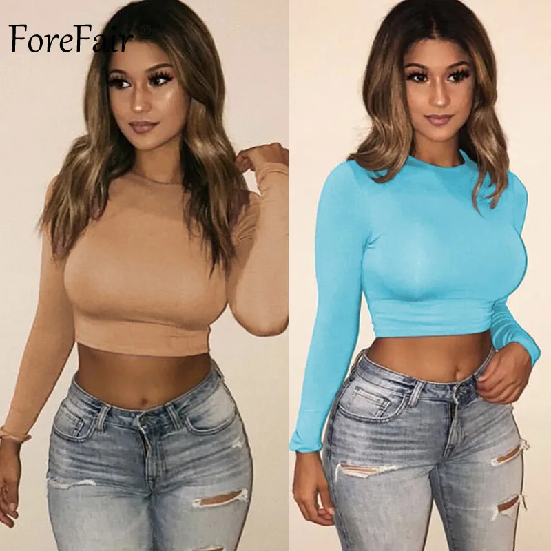 Forefair кроп топ с длинными рукавами для женщин футболки Harajuku корейские туфли