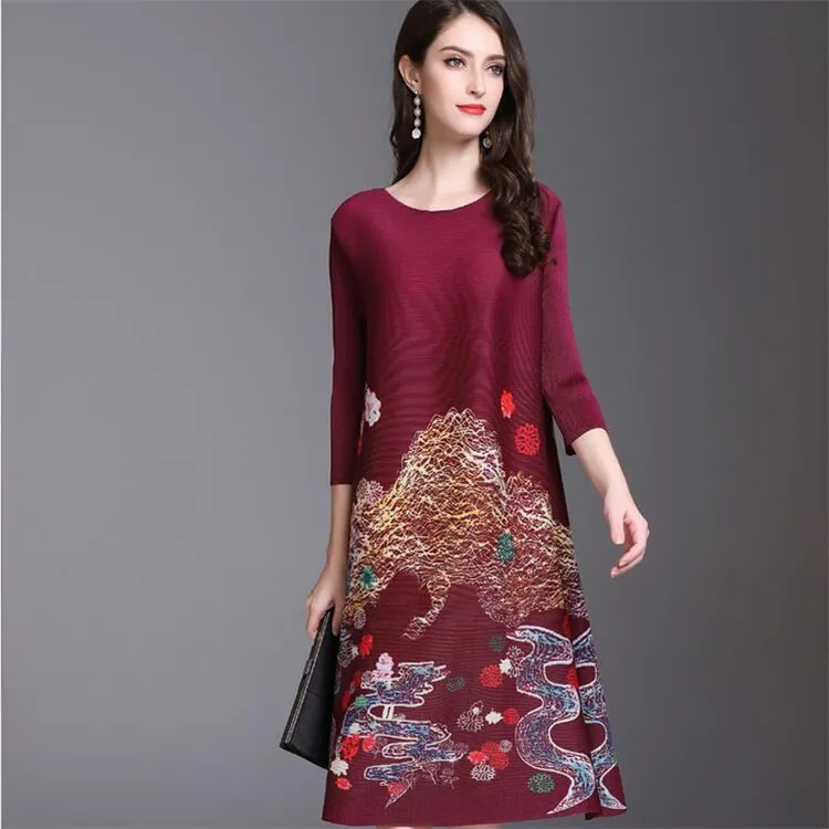 wine red LANMREM Новое модное женское летнее плиссированное платье с рукавом три четверти и круглым вырезом, пуловер с цветочным принтом, элегантные вечерние платья NA940 - Цвет: wine red