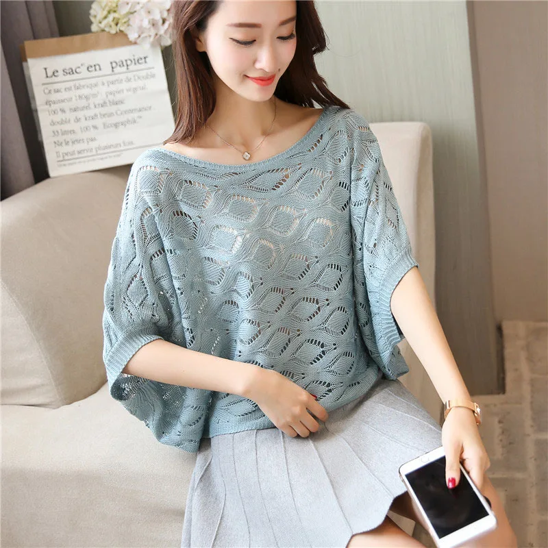 Thin Summer Women Pullover Short Sleeve Hollow Out Crochet Sweater Loose Ladies Jumper Tops Knit Causal Round Neck Top | Женская одежда