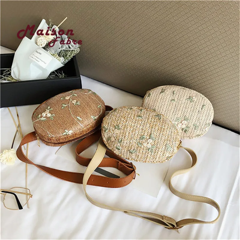 Женская Соломенная мессенджер круглая сумка с цветочной вышивкой этнический