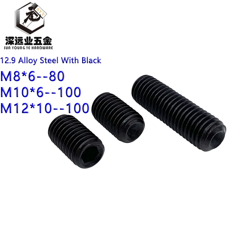 

DIN916 GB80 Set Screw M8 M10 M12 Alloy Steel 12.9 With Black Fine Teeth Inner Hex Hexagon Socket Concave Point End Grub Screws