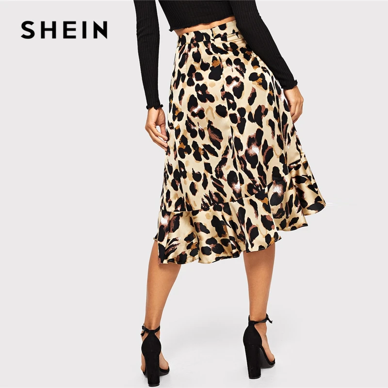 SHEIN Boho Сексуальная разноцветная юбка с рюшами и леопардовым принтом, асимметричная цельнокроеная Женская юбка, летняя повседневная юбка миди со средней талией