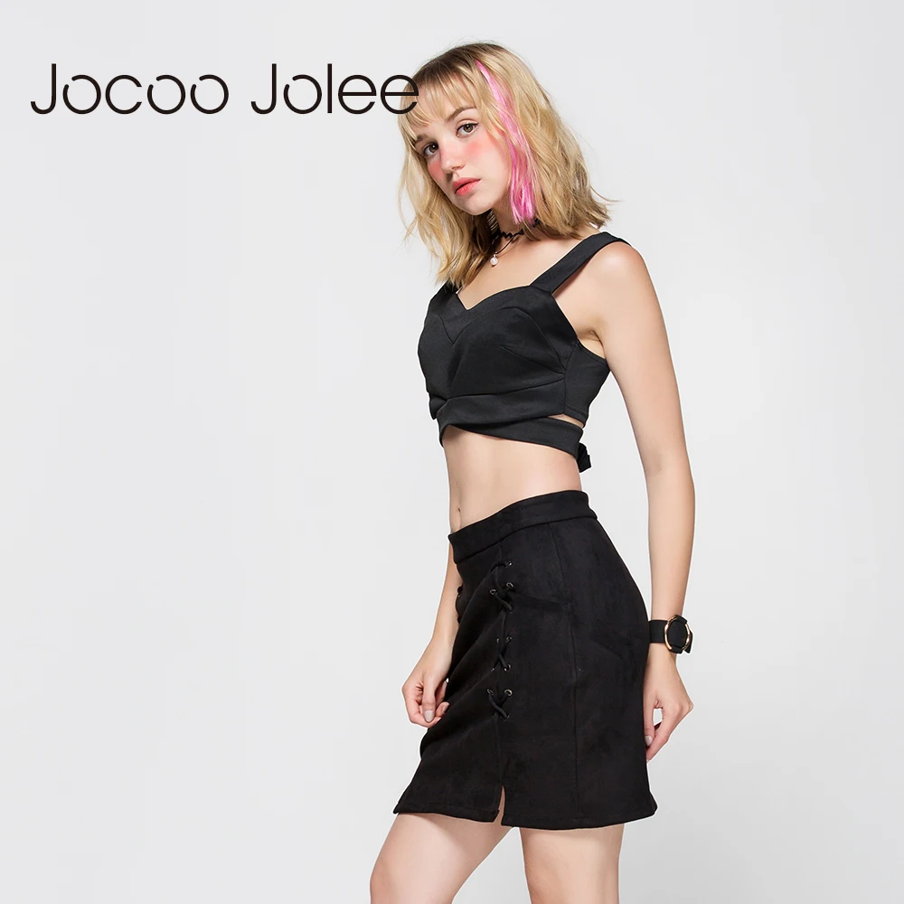 Jocoo Jolee Осенняя кожаная замшевая юбка карандаш на шнуровке зима 2017 с высокой