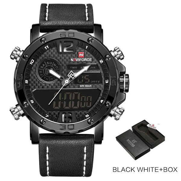 Black White With Box Модные часы NAVIFORCE, мужские, люксовый бренд, кварцевые наручные часы, мужские, повседневные, кожа, 30 м, водонепроницаемые, двойной дисплей, Relogio Masculino - Цвет: Black White With Box