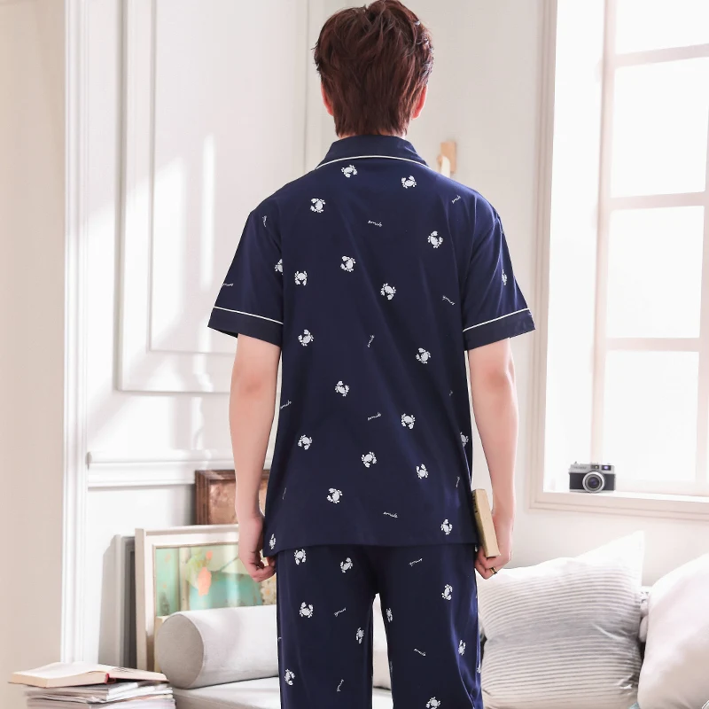 

Summer Pijamas Cotton Thin Print Men Pajama Set Short Shirts+Long Pants Pajamas Turn-down Collar Plus Size Lounge Mens Sleepwear