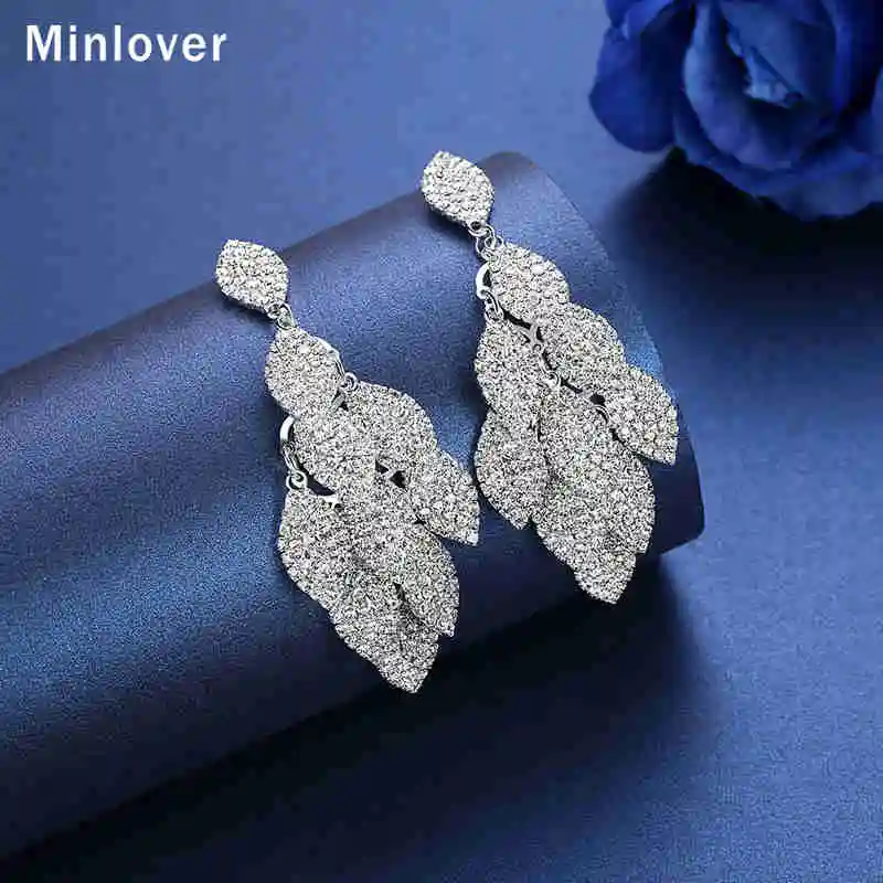 Minlover серебристый лист форма горный хрусталь Свадебные Висячие серьги для женщин