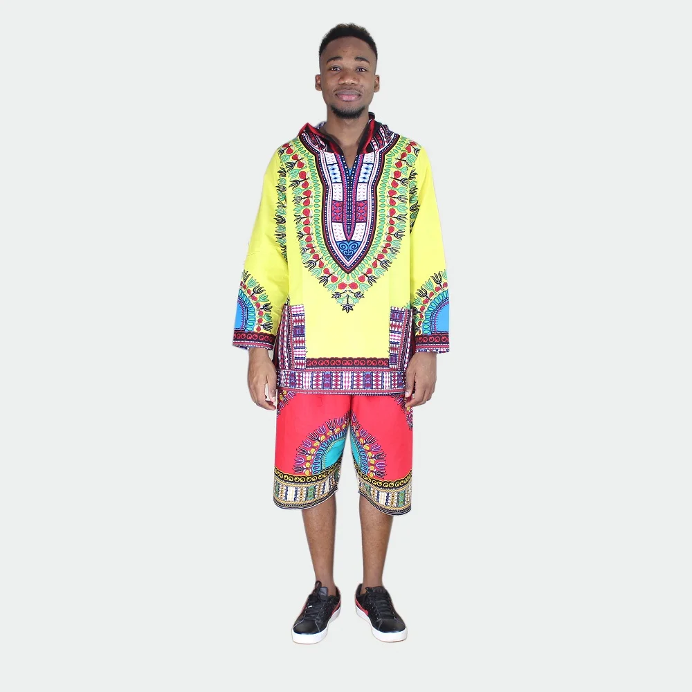 

African Clothing Dashiki Print Long Sleeve Tops Shirt 100% Cotton Yellow T-Shirt With Hood