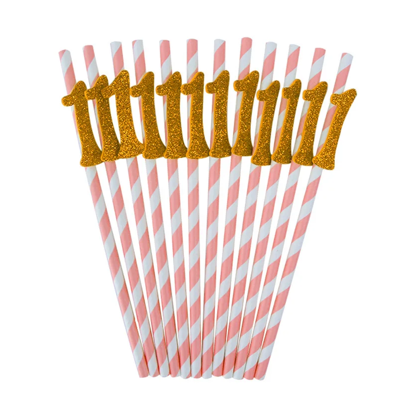 Gold 1 pink straw WEIGAO, 12 шт., 1-й день рождения, номер "1", бумажная соломинка для питья, девичья вечеринка, первый день рождения, украшения, блестящая соломинка, 1 соломинка - Цвет: Gold 1 pink straw