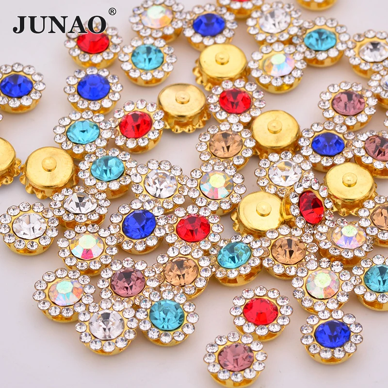 

JUNAO 8 10 12mm Sew On Random Mix Color Crystals Gold Flower Rhinestones Glass Strass Appliques Sewing Needlework Crystal Stones