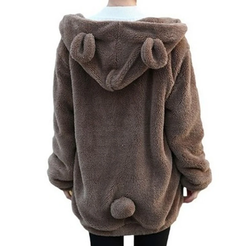 Female Fur version of the little bear bunny with ears and tail cartoon plush jacket hooded sweater women Faux Fur Outerwear J699