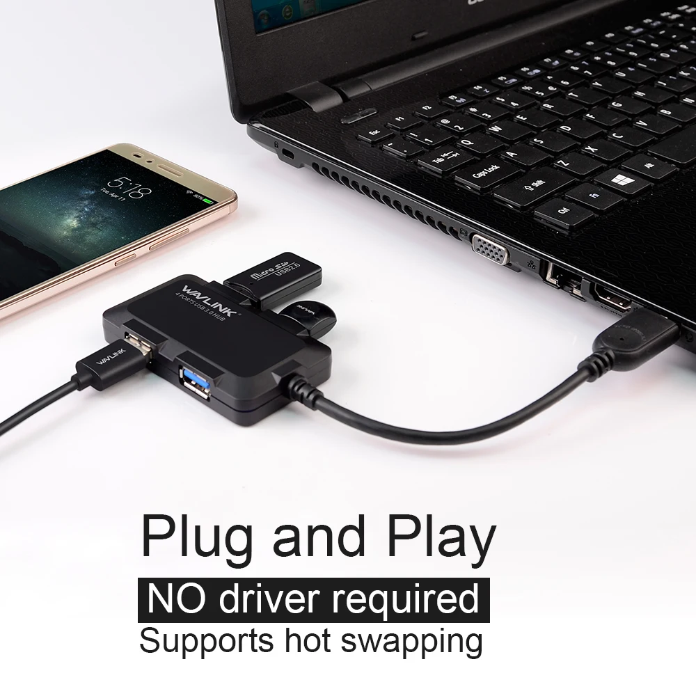 Wavlink высокоскоростной usb-хаб 3,0, 4 порта, портативный usb-хаб, док-кард-ридер, 5 Гбит/с, USB 3,0, разветвитель для компьютера, аксессуары для ноутбука