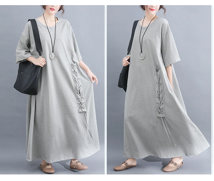 Весенняя мода плюс размер шнуровка Хлопок Макси длинное платье 2019 Лето Lagenlook 1/2