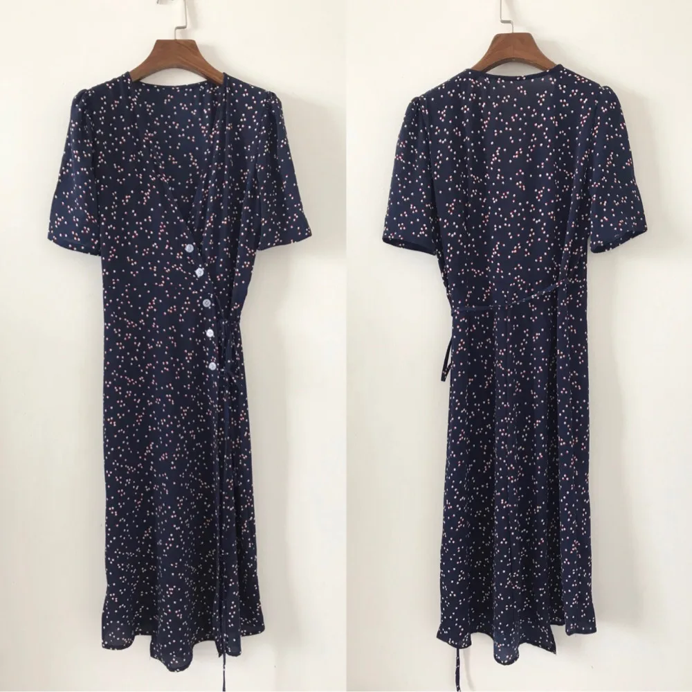 

Dark blue floral print short sleeve v neck viscose women slim long wrap dress with belt and waist buttons