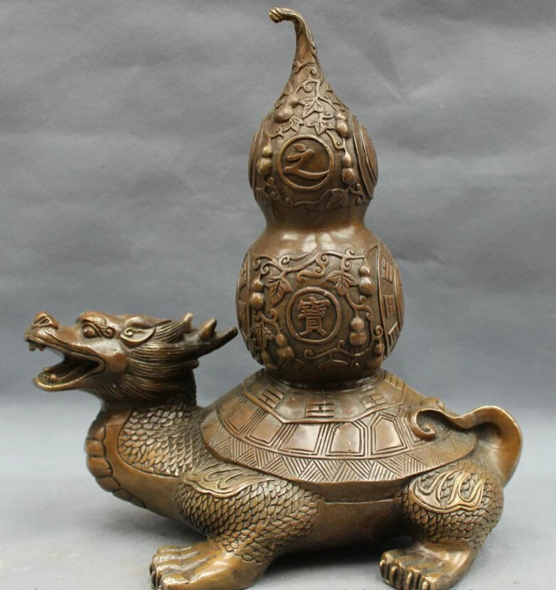 

song voge gem S3040 10" Chinese Copper Bronze Folk Home Longevity Gourd On Dragon Turtle Statue