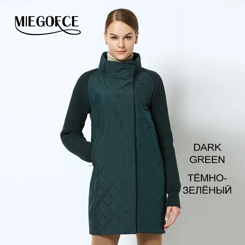MIEGOFCE MIEGOFCE Весенняя Осенняя Коллекция Курток Дизаин С Стоячим Воротником Трикотажный Рукав Интересная Модель Для Женщин Куртка Утепленная Женская парка Куртка На Молнии И Кнопках - Цвет: 704 Dark Green