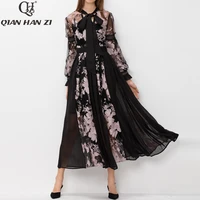 qian han zi runway maxi dress bow collar lantern sleeve embroidered patchwork feathers retro woman party long dress