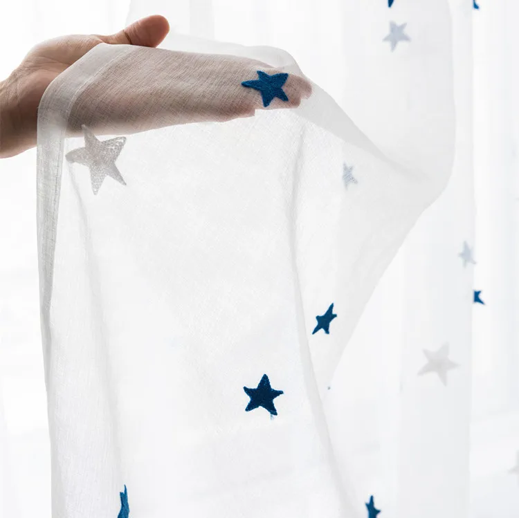 Embroidered Blue Star Tulle Curtains For Living Room Soft Sheer Curtains For Window Bedroom Curtains Fabrics Drapes 300&30