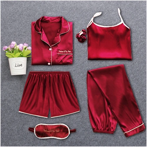 Wine red Пижамы на бретелях, женские пижамы, 7 шт., розовые пижамы, комплекты, атласное шелковое белье, домашняя одежда, пижамы, пижамный комплект, пижамы для женщин - Цвет: Wine red