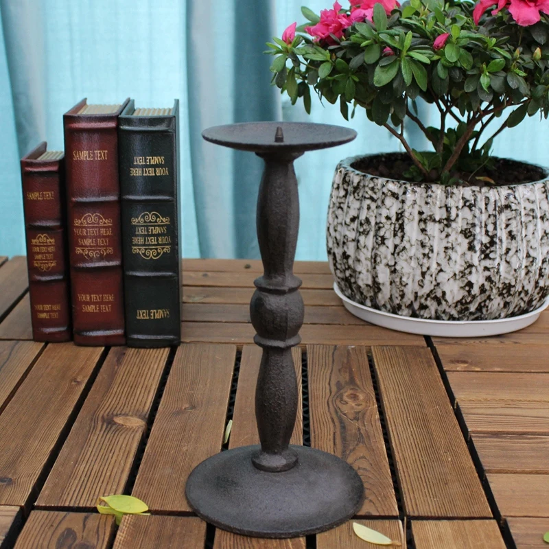 

European Vintage Home Tabletop Decor Cast Iron Pillar Candle Holder Pair