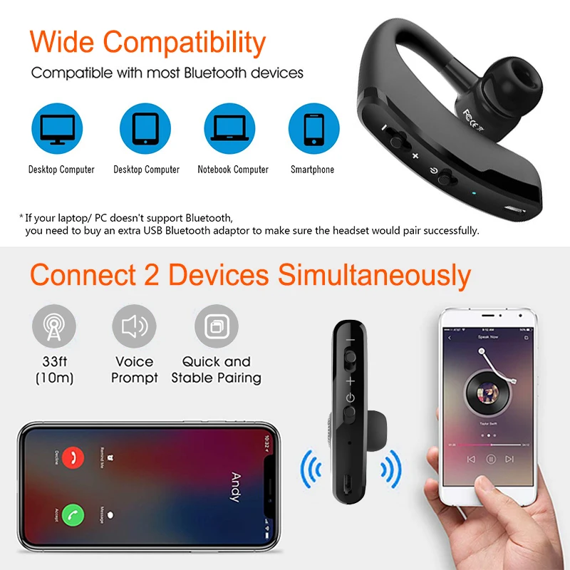 Беспроводные bluetooth-наушники V9 с функцией управления шумом, беспроводная bluetooth-гарнитура с микрофоном для занятий спортом