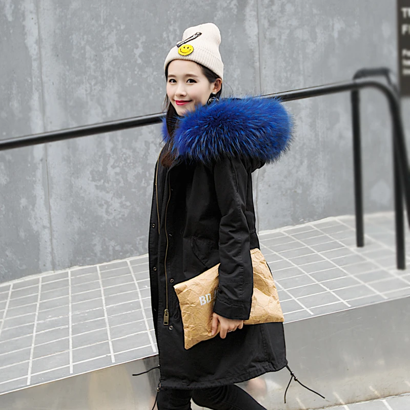New Korea Fashion Women's Long Coat Jackets with Large Real Natural Raccoon Dog Fur Collar Hood Black Green Grey Pink XXL 2XL