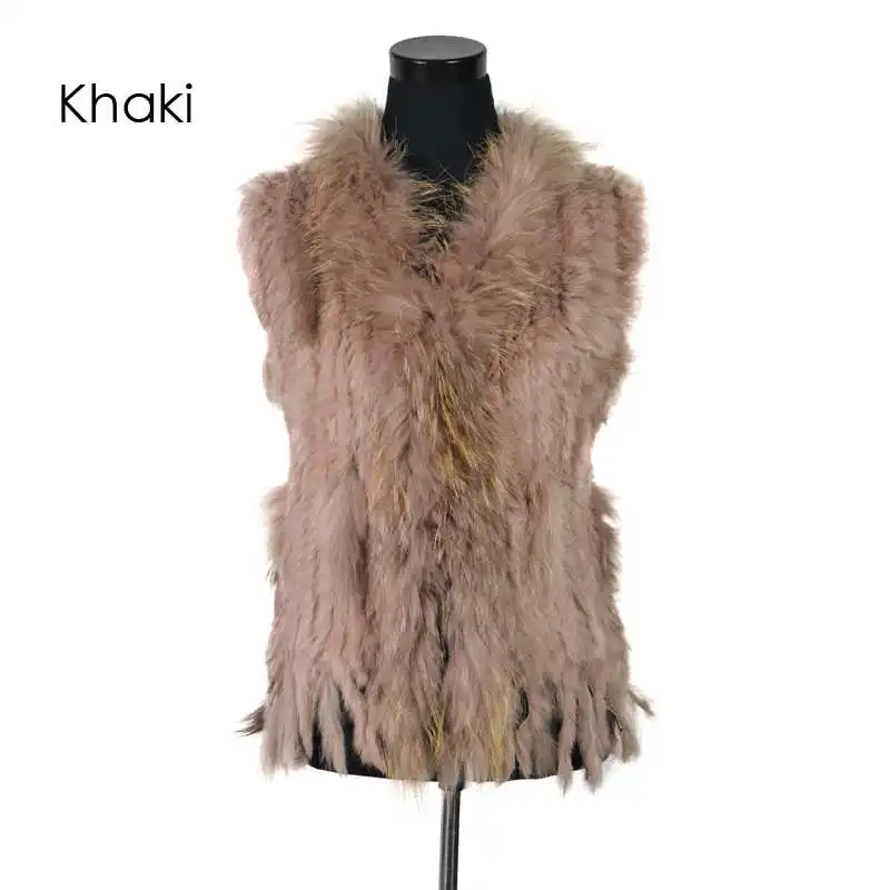 Khaki VR001-17,, женский жилет из натурального кроличьего меха с воротником из меха енота, жилет/куртки из кроличьего меха - Цвет: Khaki