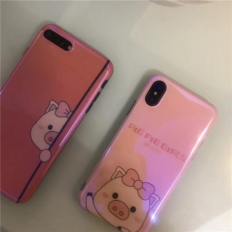JiBan For iphone X Cute Cartoon Animal Pig Case Fashion Cool Blue Ray Light Soft TPU Back Phone Cover Shell Apple 6s 7 8Plus |