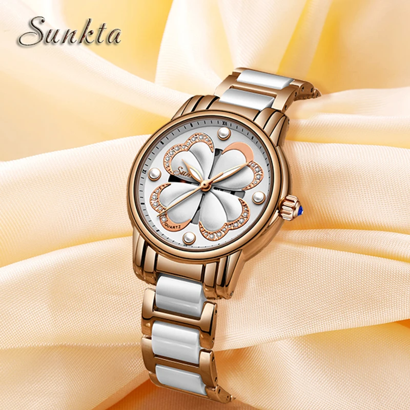 SUNKTA Fashion Simple Rose Gold Ceramic Women Watches Waterproof Ladies Girl Dress Bracelet Quartz Watch Relogio Feminino | Наручные часы