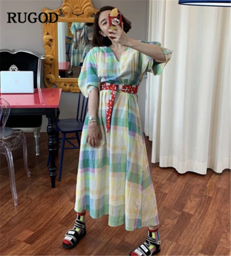 RUGOD 2020 новое поступление женское Красочное платье с V образным вырезом прямое