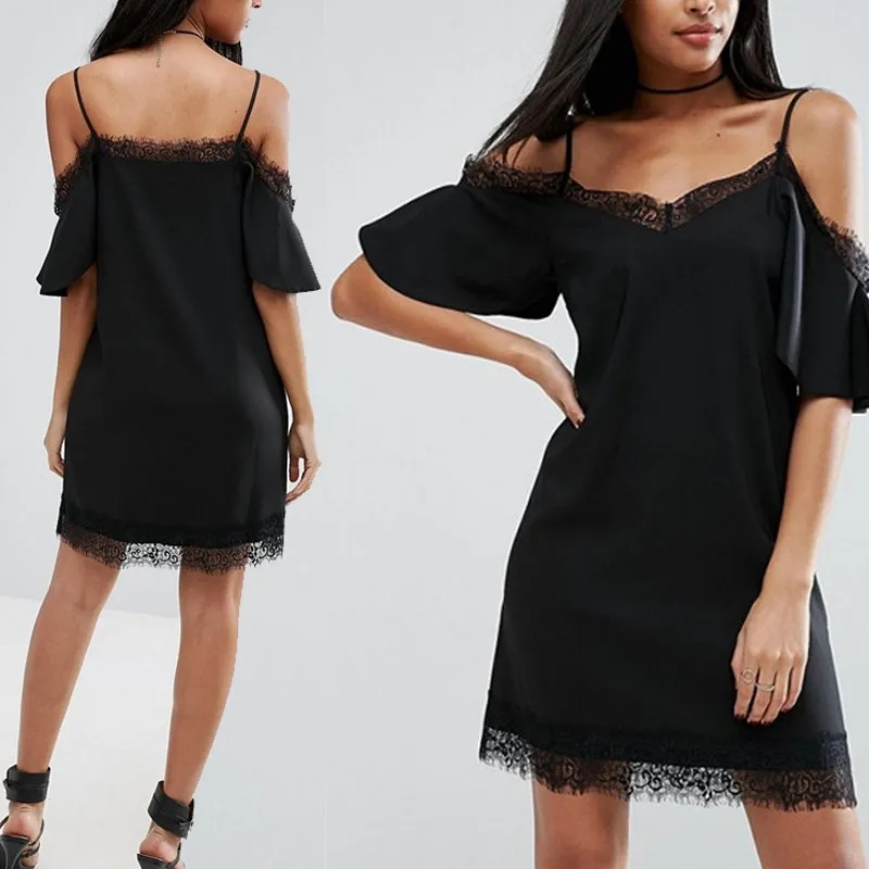 WOM Лето Cold Shoulder Dress 2017 Спагетти ремень короткий рукав Повседневное пикантные