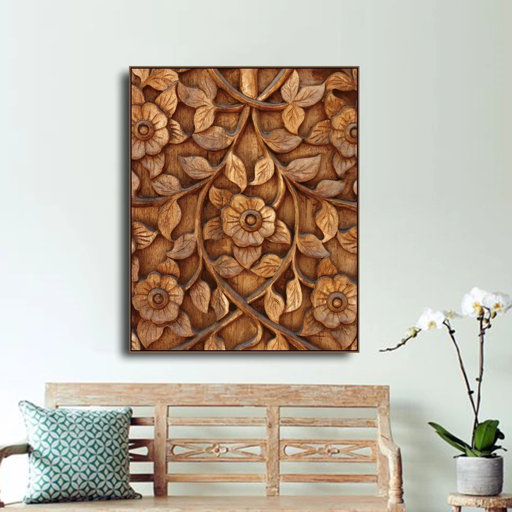 Laeacco Canvas Calligraphy Painting Flower Wood Carving Buddhism Style Posters and Prints Wall Artwork Living Room Home Decor | Дом и сад