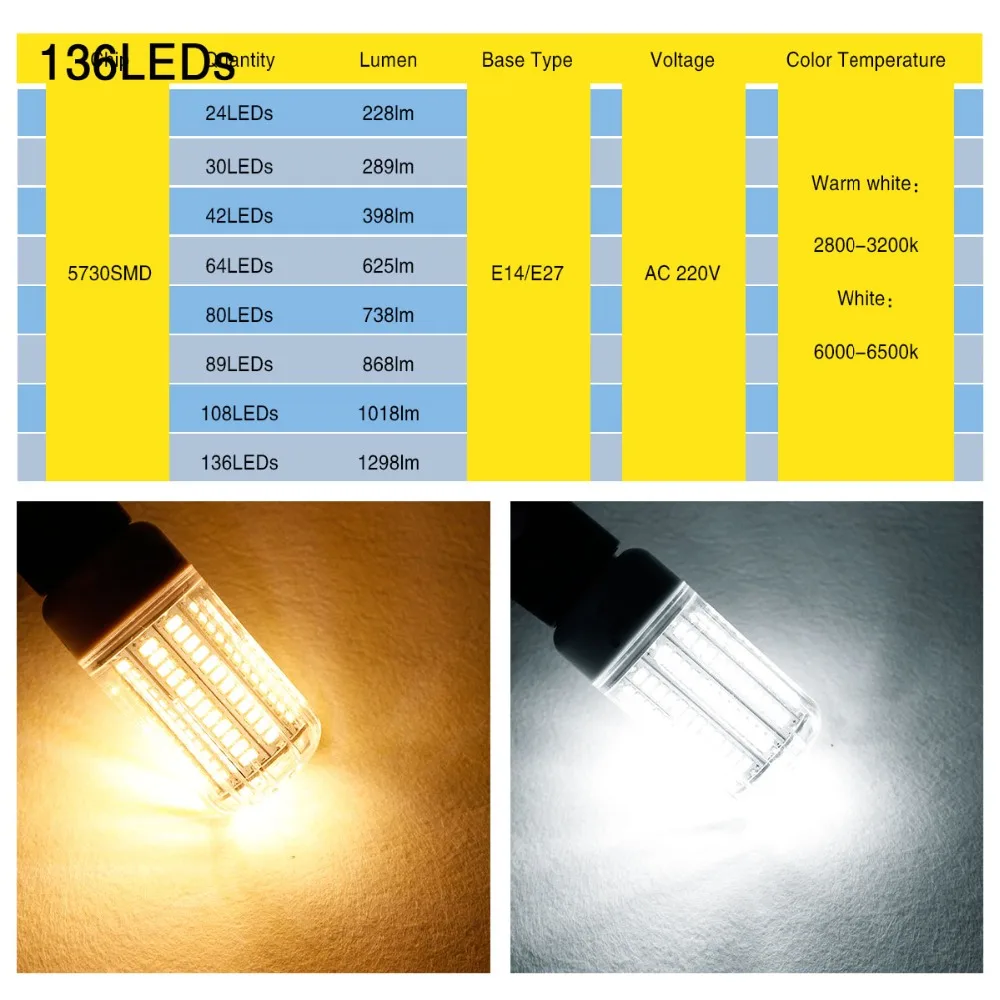 Lamparas SMD5730 ярче чем 5736 из светодиодов кукуруза лампа E27 220 В 110 лампы пятно лус