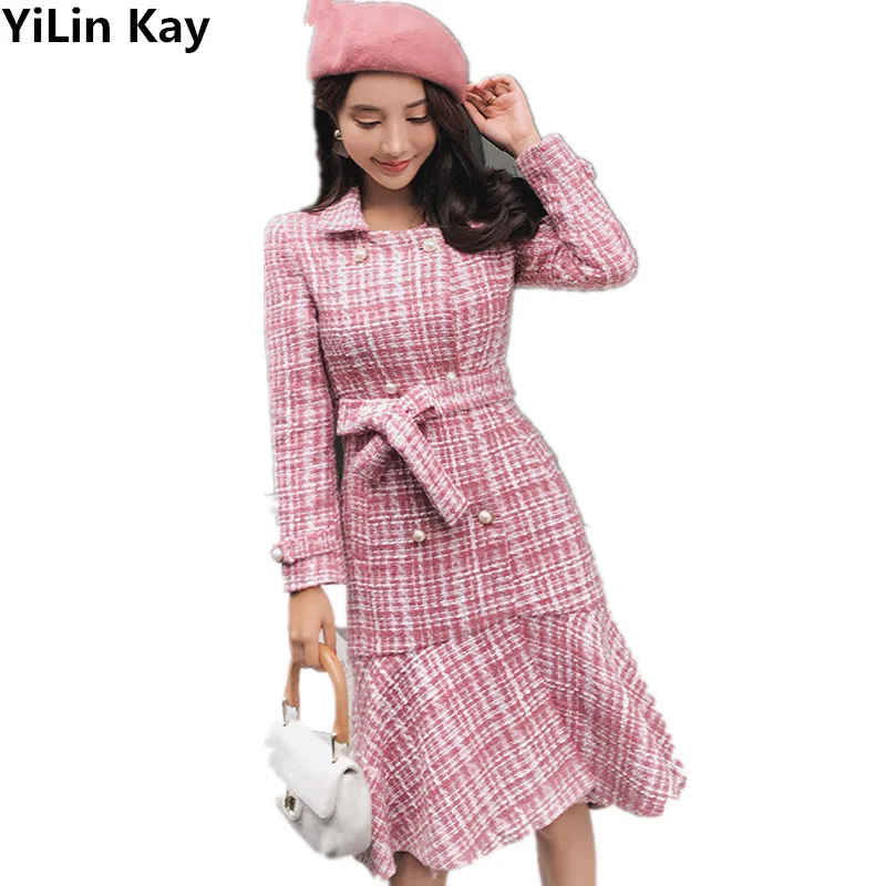 YiLin Kay, высокое качество, новая мода, подиум, дизайнерское осеннее твидовое платье с длинными рукавами