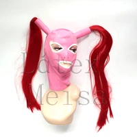 handmade fetish latex hoods with wig hairs and open eyes and mouth in pink color for women