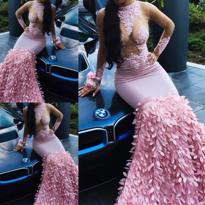 2018 осень розовый Кружева Пром Платье Длинные рукава Сексуальная Русалка длинное